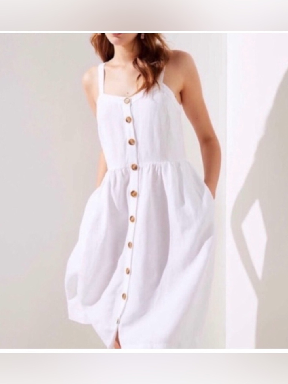 LOFT White Button-Front Dress with Dark Wood Buttons